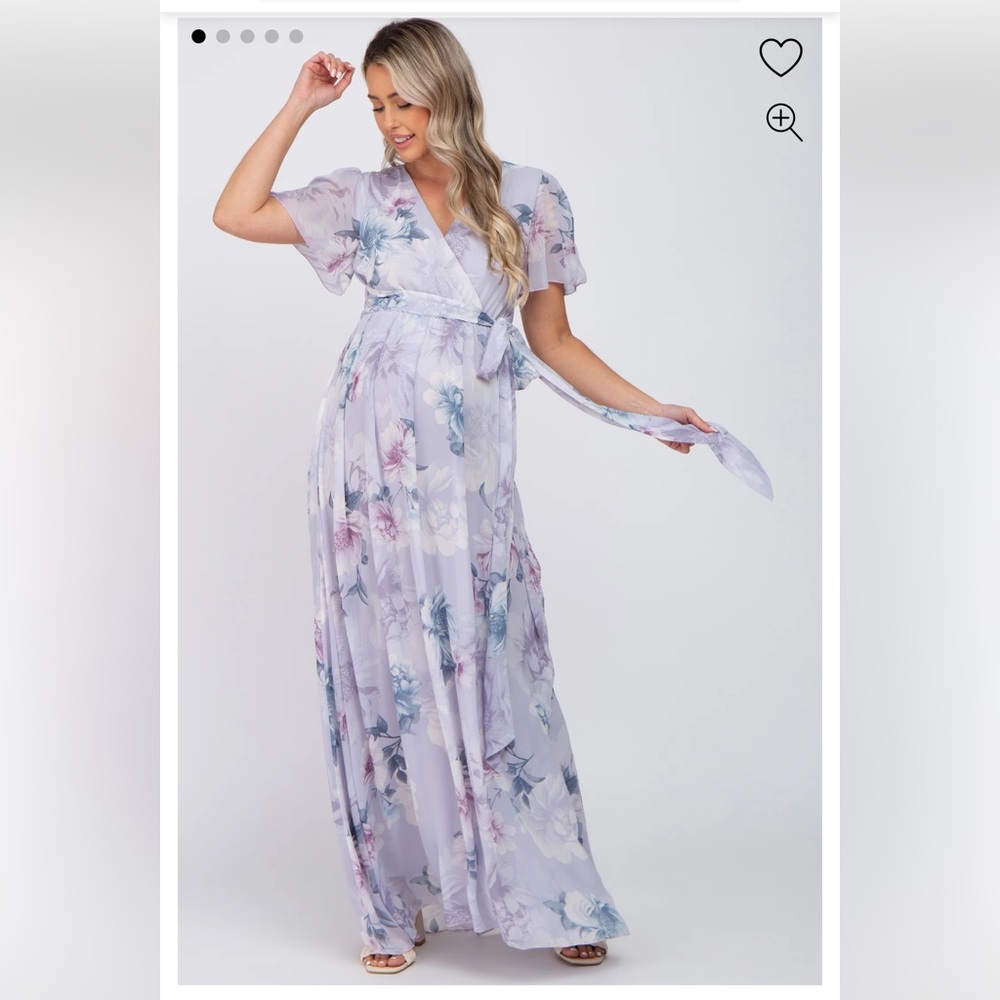 Lavender Floral Chiffon Wrap Front Short Sleeve Maxi Dress